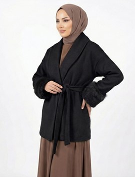 siyah kol kürklü kaban, actueltekstil,wholesale,toptansatış,kolkürklükaban,kaban,kürk